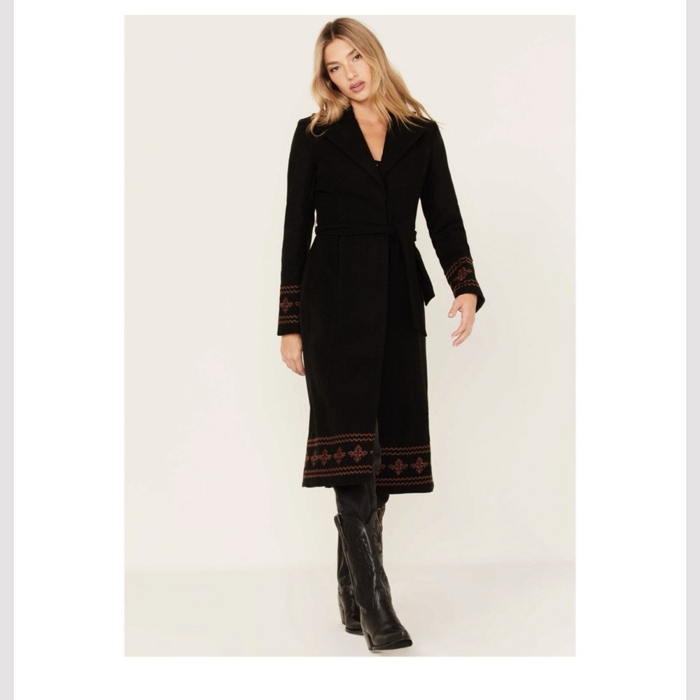 Elegant Black Embroidered Women's Long Coat